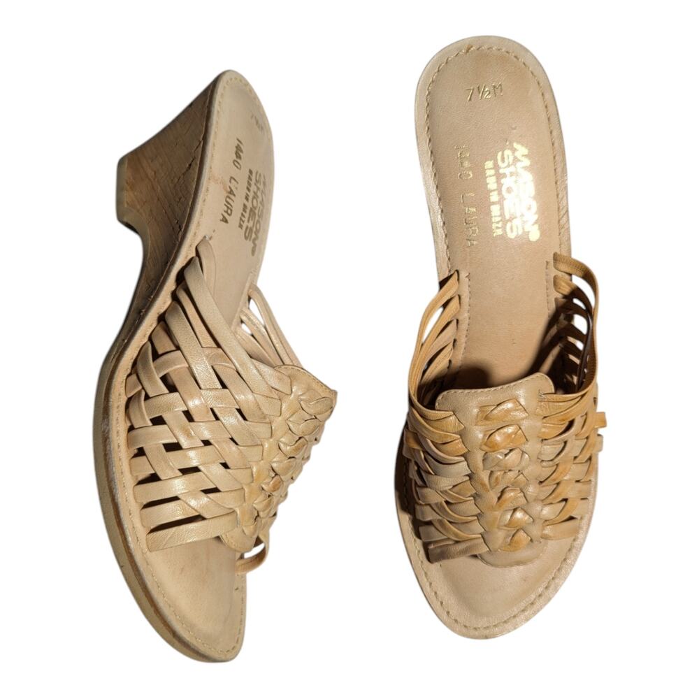 Vtg 1980s Mason Shoes Laura Beige Woven Leather Cork Wedge Slide Sandals Sz 7.5